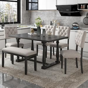 Gray 6-Piece Wood Top Dining Set with Special Shaped Legs and Foam Covered Seat Backs