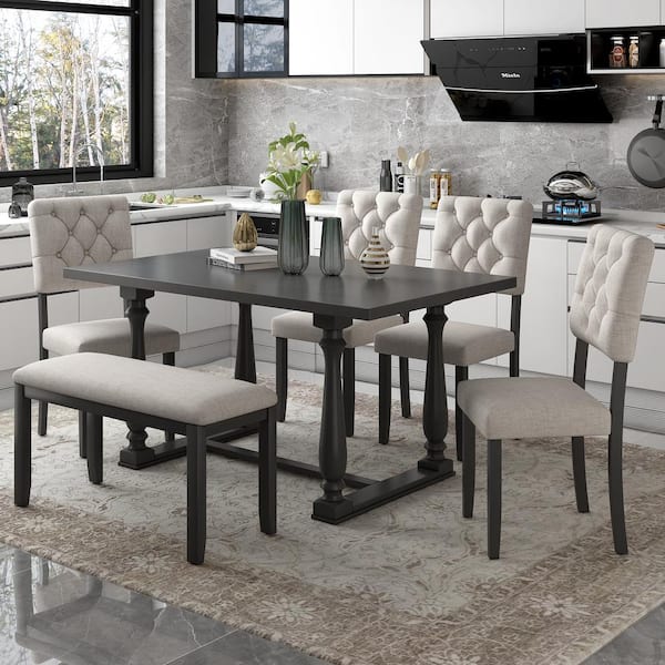 Qualler Gray 6-Piece Wood Top Dining Set with Special Shaped Legs and Foam Covered Seat Backs