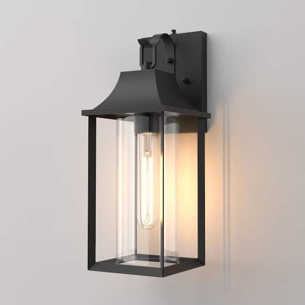 Decorators 18 in. E26 Black Farmhouse Hardwired Dusk to Dawn Outdoor Sconce With Cylinder Glass