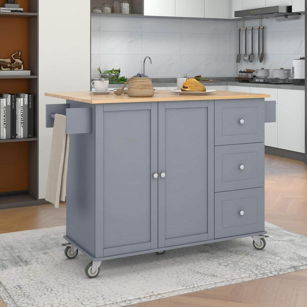 FAMYYT Blue Drop Leaf Rubberwood Countertop 53 in. Kitchen Island with Adjustable Shelves