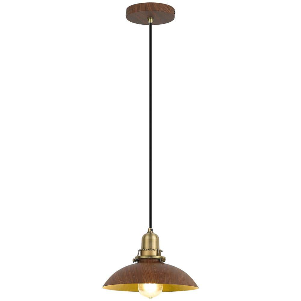 9 in. 1-Light Gold and Wood Grain Farmhouse Pendant-Light Fixture with Metal Shade -  pasentel, DD037-1-G