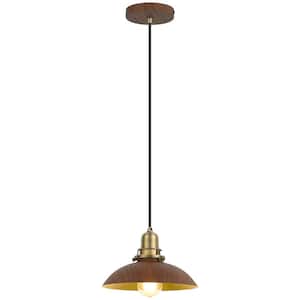 9 in. 1-Light Gold and Wood Grain Farmhouse Pendant-Light Fixture with Metal Shade