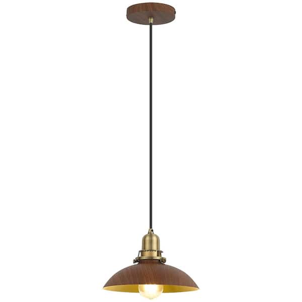 9 in. 1-Light Gold and Wood Grain Farmhouse Pendant-Light Fixture with Metal Shade