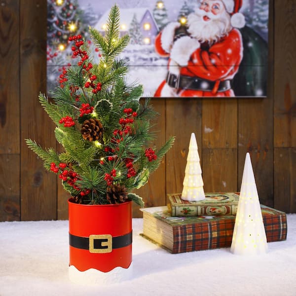 Glitzhome 22 In H Lighted Santa Belt Potted Table Tree 2009800016 - How To Decorate Small Christmas Tree At Home Depot