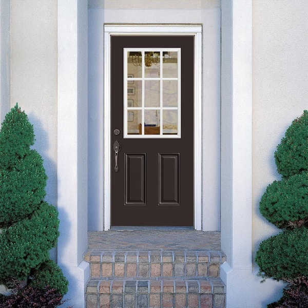 36 in. x 80 in. 9 Lite Left Hand Inswing Painted Steel Prehung Front Exterior Door with Brickmold