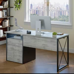 55 in. Rectangular Retro Grey Oak Light Office Desk with Storage File Drawers and Keyboard Tray