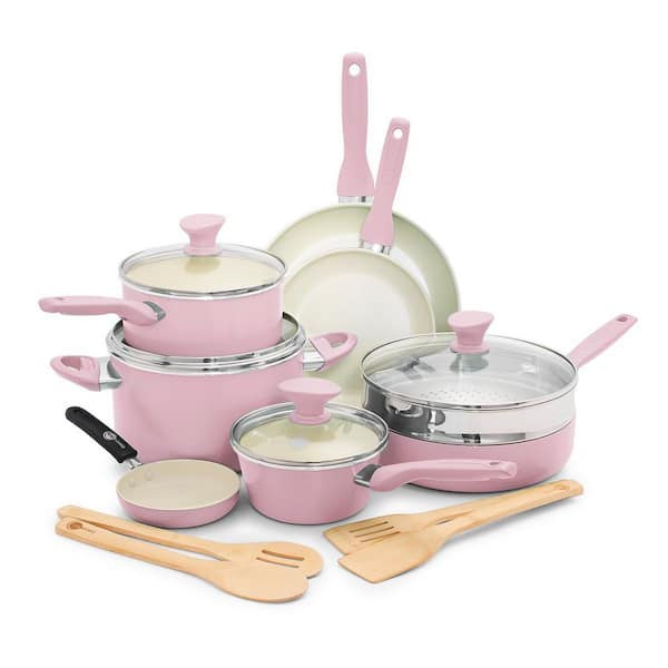 Rio Healthy Ceramic Nonstick 16 Piece Cookware Pots and Pans Set in Pink