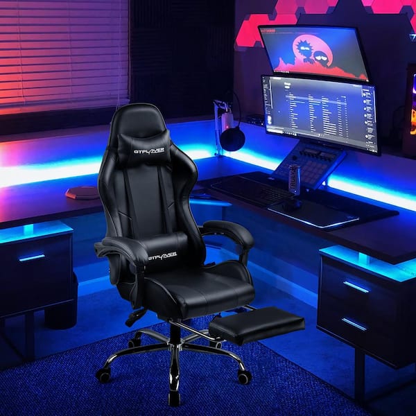 Black Gaming Chair with Footrest, Bluetooth Speakers Ergonomic High Back Music Video Game Chair Leather Office Chair