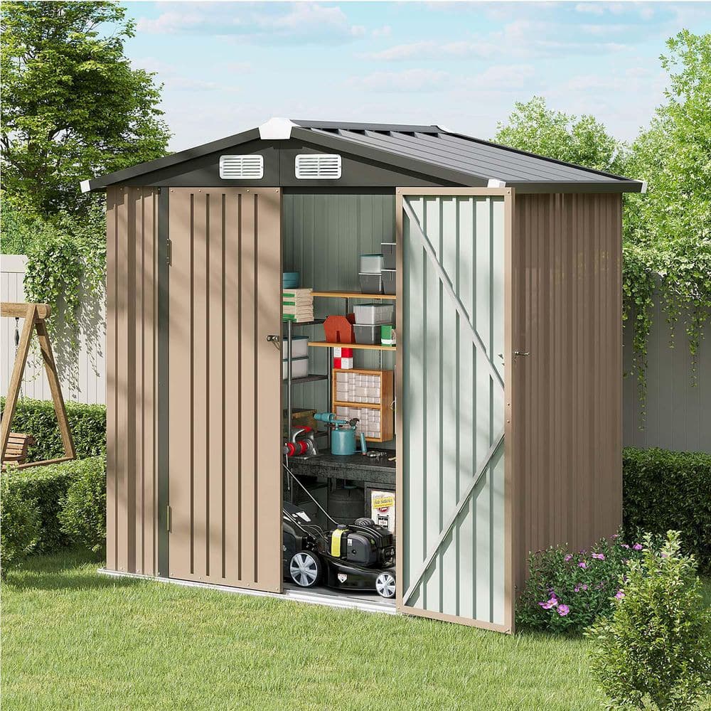 Sizzim 6 ft. W x 4 ft. D Brown Metal Storage Shed with Lockable
