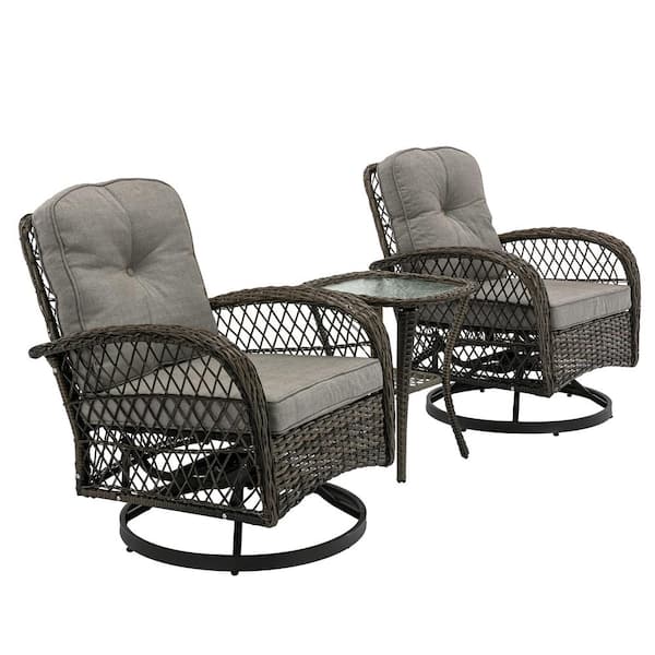 Alpulon 3-Piece Brown Wicker Patio Conversation Set Outdoor Rocking Chair with Grey Cushions