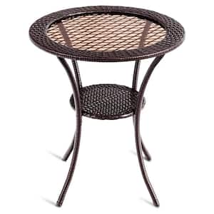 26 in. Outdoor Round Tempered Glass Top with Lower Shelf Patio Wicker Coffee Table for Backyard Lawn Balcony Pool