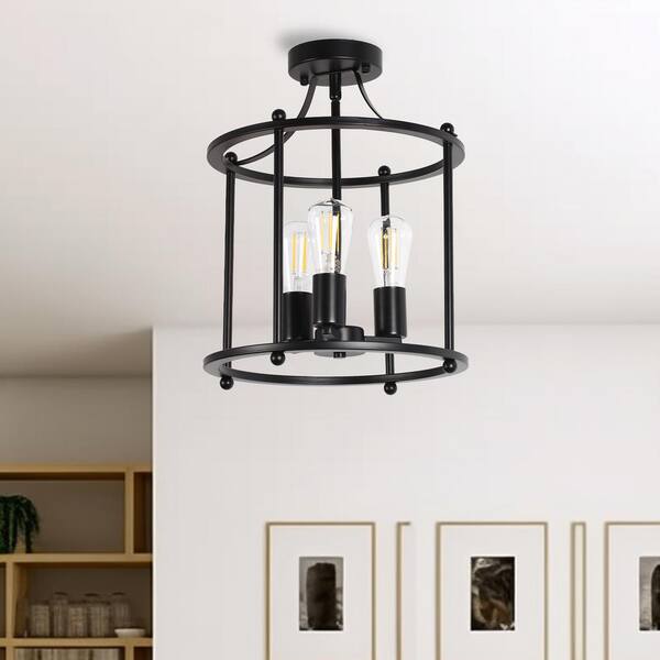 YANSUN 13 in. 3-Light Black Farmhouse Semi Flush Mount
