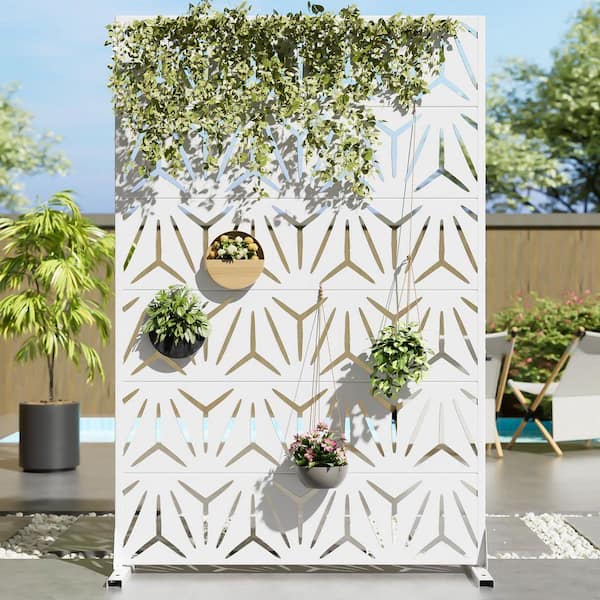 72 in. x 47 in. White Metal Privacy Screen Fence Panel Square Pattern
