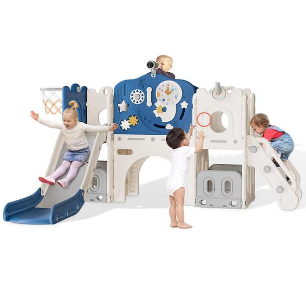 Aldo 7.3 ft. 12 in 1 Blue Gray Toddler Wave Slide, Astronaut Themed Baby Slide for Toddlers Aged 1-3, Toddler Playset