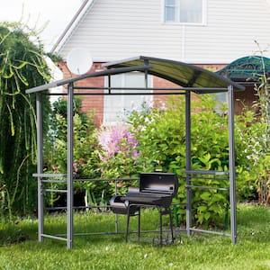 7.8 ft. x 4.9 ft. Tawny Polycarbonate Steel BBQ Patio Canopy Pergola with 2 Side Shelves and Rails for Hanging Tools