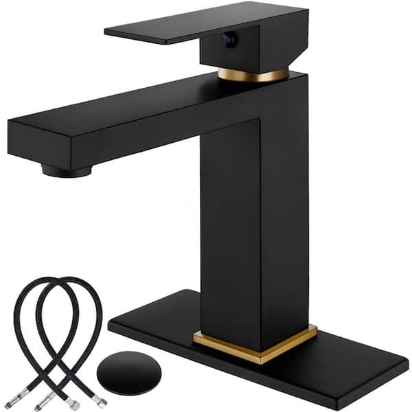 single Handle Vessel Sink Faucet with Drain Kit Included and Cover Plate Stainless Steel in Matte Black Brushed Gold