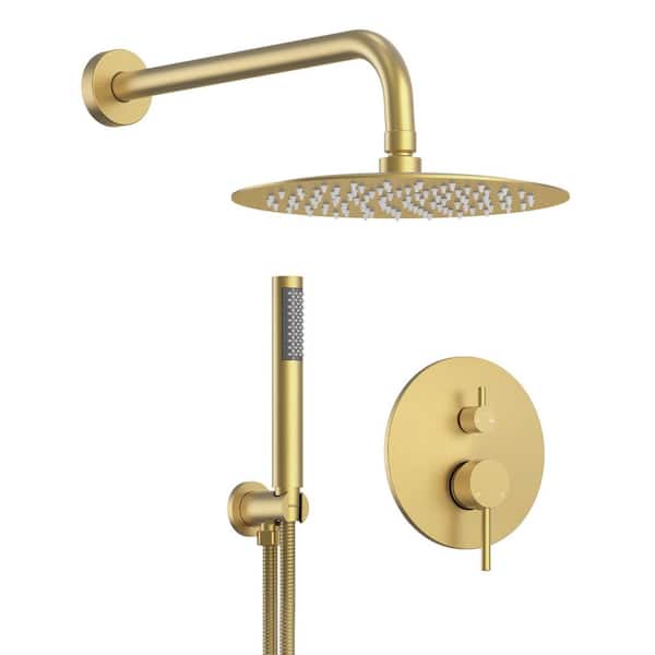 Rainspire 3-Spray 10 in. Wall Mount Round Dual Shower Head and Hand Shower 1.8 GPM in Brushed Gold (Valve Included)