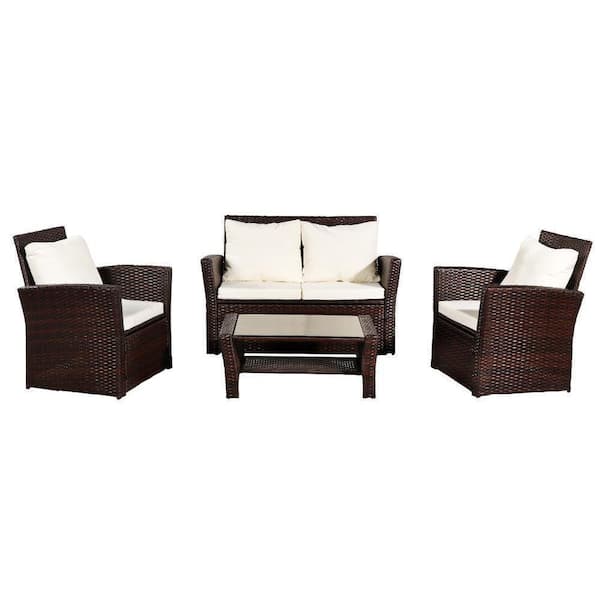 Amucolo 4-Piece Steel Outdoor Patio Wicker Patio Conversation Set with Beige Cushions