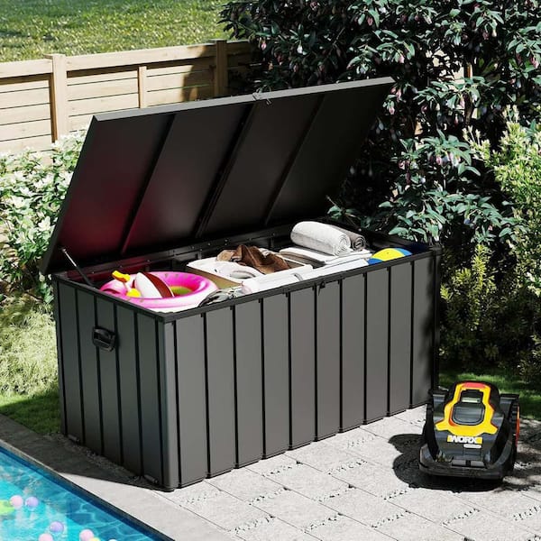 200 Gal. Metal Deck Box, Waterproof Outdoor Storage Box w/ Lockable Lid, Large Pool Storage Cabinet for Patio Furniture