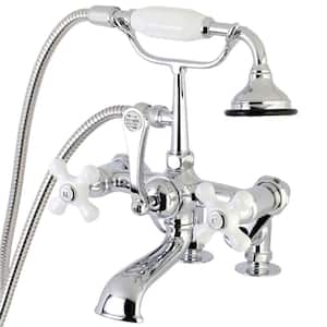Vintage Cross 3-Handle Adjustable Deck-Mount Claw Foot Tub Faucet with Handshower in Polished Chrome