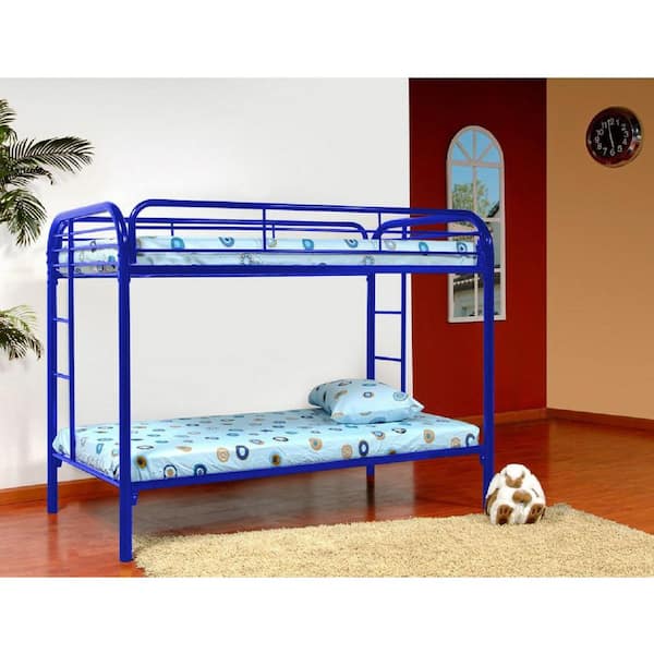 Signature Home Signature Home Oswald Blue Bed Frame Metal Size Twin Platform Bunk Bed with Stairs, 78 in. W x 40 in. L x 60 in. H