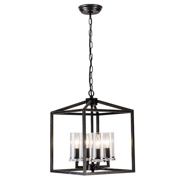 Maxax Springfield 4-Light Black Lantern Square/Rectangle Chandelier with Wrought Iron Accents