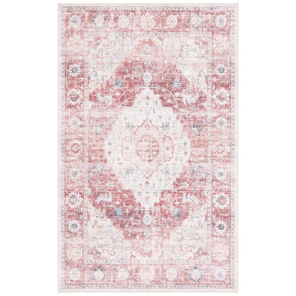 SAFAVIEH Arizona Light Red/Beige 4 ft. x 6 ft. Distressed Border Ornate Machine Washable Area Rug
