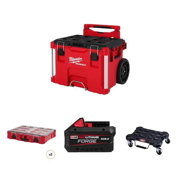 PACKOUT 22 in. Rolling Tool Box, 11-Compartment Organizer, M18 8.0 Ah Battery, and 24 in. x 18 in. Dolly Combo