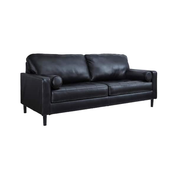 Bryceview 87 in. Square Arm Leather Match Rectangle Sofa with Removable Cushions in Black