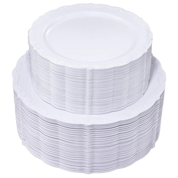 White Disposable Plastic Plates (100-Pieces) - 50-Dinner and 50-Dessert Plates