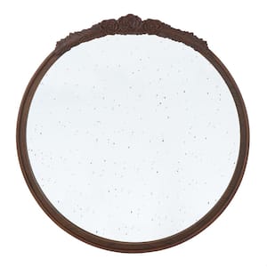 30 in. W x 30 in. H Round Wood Brown Frame Decorative Wall Mirror with Hand Carved Rose