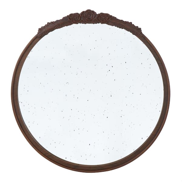 Tatahance 30 in. W x 30 in. H Round Wood Brown Frame Decorative Wall Mirror with Hand Carved Rose
