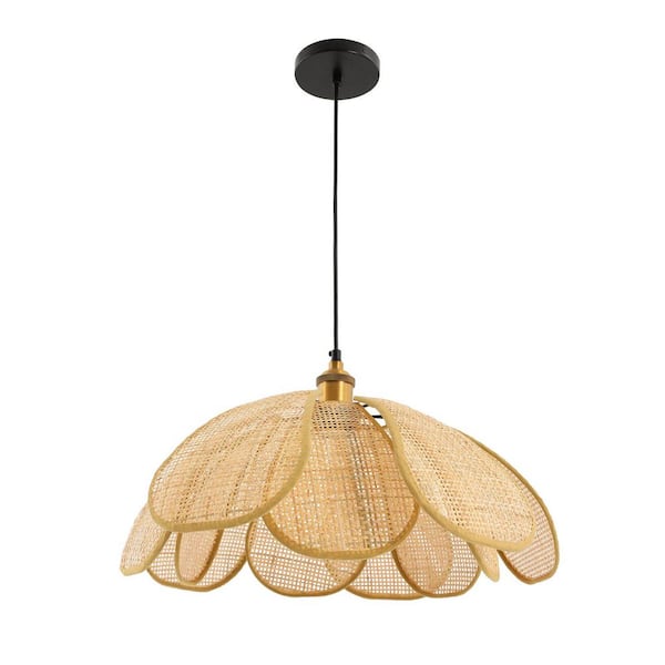 1 Light Wood Color Rattan Petal Pendant Light with Adjustable Height and Hand-Weaving Shade, No Bulbs Included