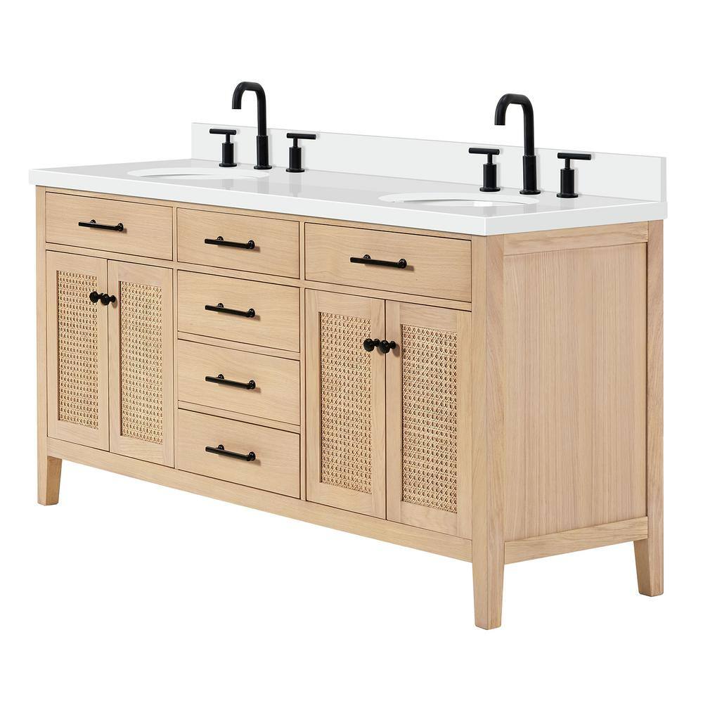 Camila 73" Light Brown Oak Double Sink Vanity with White Quartz Top