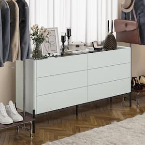 Gray Wood 6-Drawer, 63 in. W Wood Chest of Drawers Vanity, Console Table With Glass Top