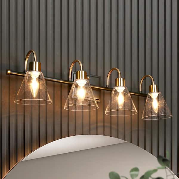 Uolfin Modern Bathroom Bell Vanity Light 4-Light Black and Brass Powder Room Round Wall Light with Seeded Glass Shades