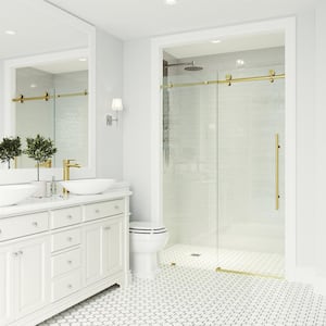 Elan E-Class 68 to 72 in. W x 76 in. H Sliding Frameless Shower Door in Matte Brushed Gold with 3/8 Clear Glass