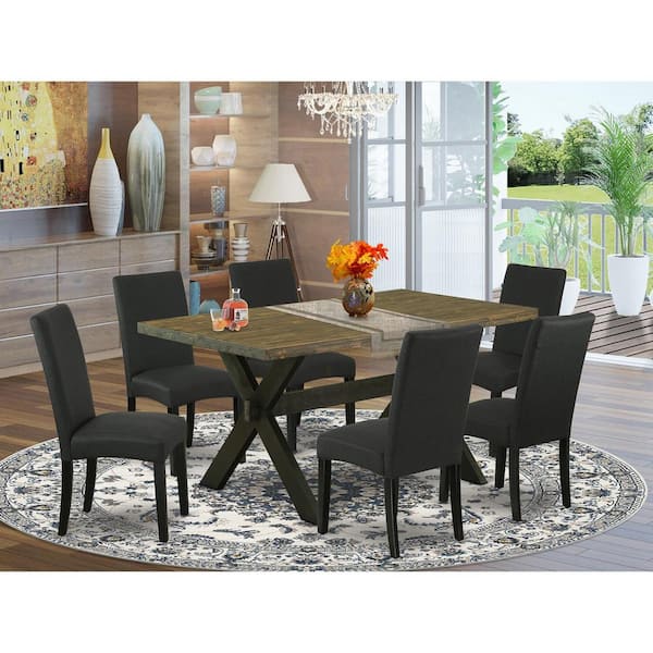 East West Furniture 7-Piece Natural Oak Finish Solid Wood Top Dining Table with 6 Chairs with Lattice Back