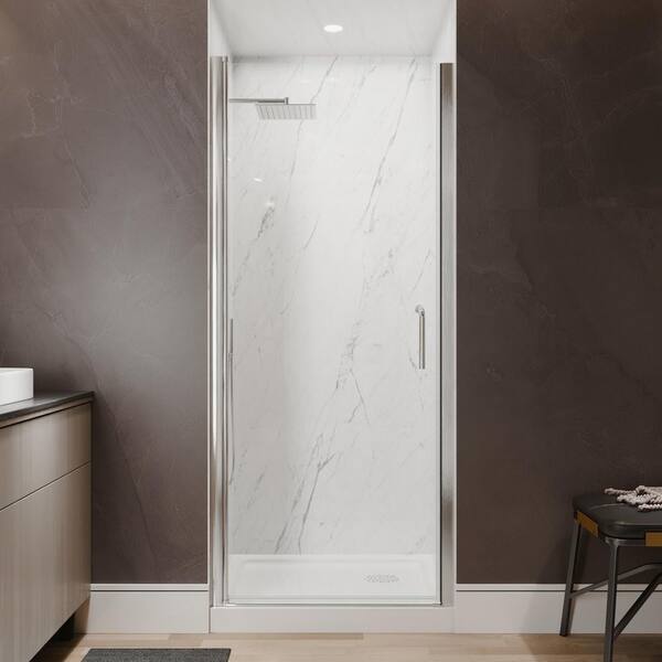 Victoria 32 to 34 in. W x 72 in. H Pivot Swing Frameless Shower Door in Brushed Nickel with Clear Glass