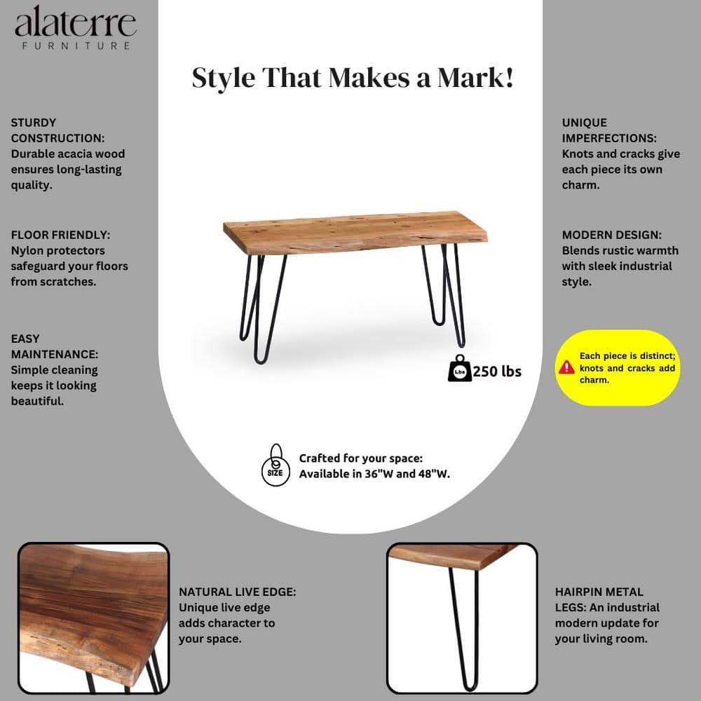 Handcrafted Natural Live Edge 38" Bench with Hairpin Metal Legs