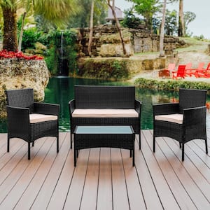 4-Piece Black Patio Outdoor Furniture Wicker Conversation Set with Beige Cushions, 1-Loveseat, 2-Chairs and Coffee Table