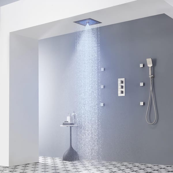 Dimakai 12 in. 6-Jet Thermostatic Ceiling Mount LED Rainfall Shower System with Bathroom Shower Mixer Set in Black