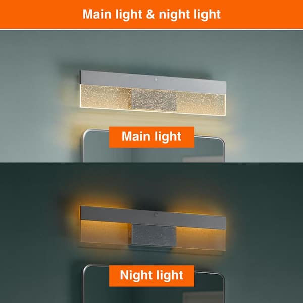 Havelock 23 in. 1-Light Chrome LED 5CCT Vanity Light with Sensor Operated Night Light and Clear Seedy Glass