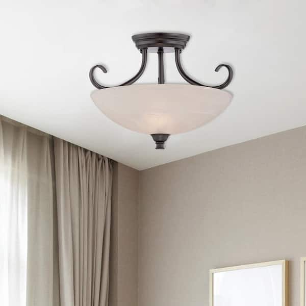 Kendall 15.5 in. 2-Light Oil Rubbed Bronze Transitional Entryway Semi-Flush Mount with Alabaster Glass Shade