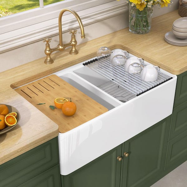 33 in. Farmhouse Sinks for Kitchens Double Bowl Fireclay Sink White Workstation Kitchen Sinks Reversible Farmhouse Sinks