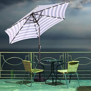 8.7 ft. Market Table Outdoor Patio Umbrella with Push Button Tilt and Crank, Blue White Stripes with 24 LED Lights