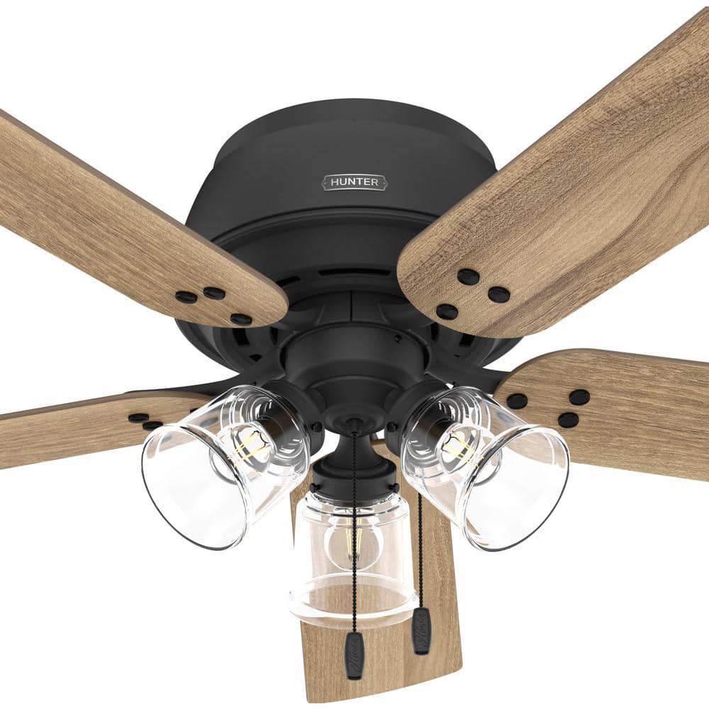 52" Matte Black and Wood Low Profile Ceiling Fan with LED Light