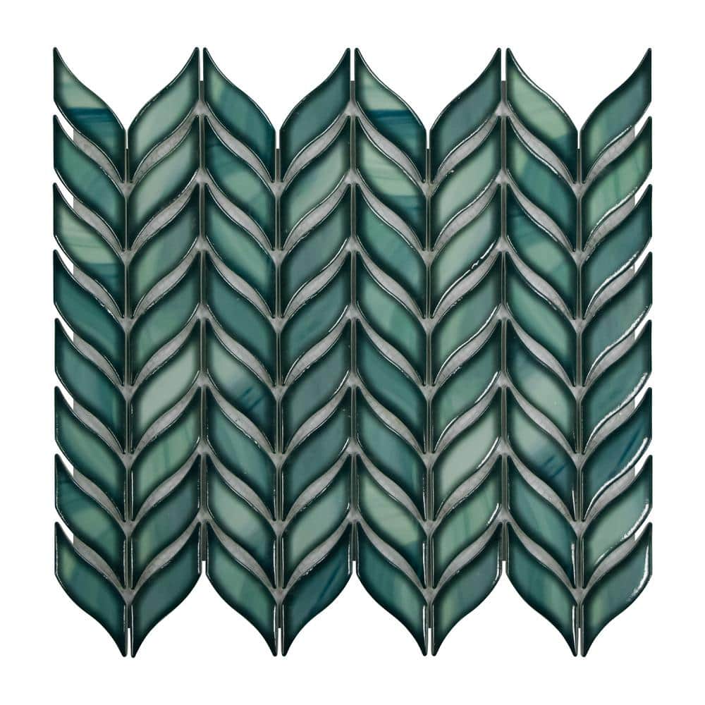 Green 11.3" x 10.7" Glazed Leaf Waterjet Recycled Glass Mosaic Tile