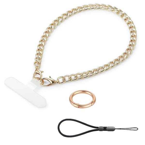 OBJLGEV Phone Charm Gold Metal Chain Lanyard Adjustable Wrist Strap w/ 3 Patche for iPhone 15 Pro Max 14 13 11 Universal 2-Piece