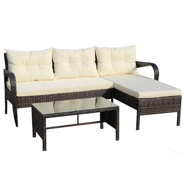 JimsMaison 3-Piece Wicker Patio Conversation Set with Beige Cushions